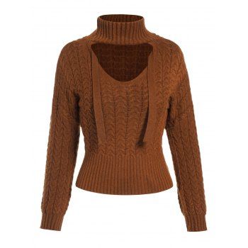 

Tie Cut Out Back Cable Knit Mock Neck Sweater, Deep coffee