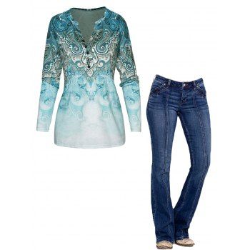 

Bohemian Printed Half Button T Shirt And Topstitching Pockets Zipper Fly Flare Jeans Casual Outfit, Light blue