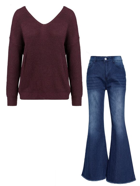 Ensemble de Pull Décontracté Long Goutte Epaule à Ourlet Effrangé avec Fausse Perle Artificielle et Jean Evasé - Rouge foncé M