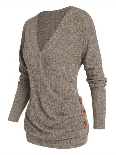 Textured Sweater Surplice Sweater Solid Color Mock Button V Neck Long Sleeve Sweater