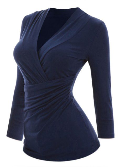 Ruched Crossover Plunging Neck Top Long Sleeve Solid Color Top