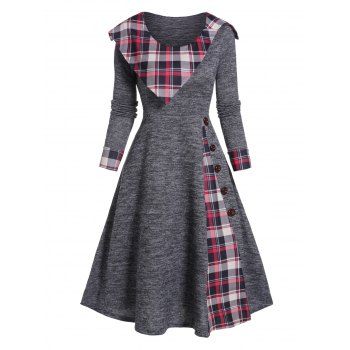 Plaid Print Long Sleeve Knit Dress Mock Button High Waist Knitted Dress, Gray
