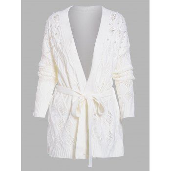 

Open Knit Faux Pearl Embellished Belted Cardigan, White