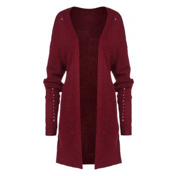 

Split Hem Openwork Detail Open Front Cardigan, Deep red