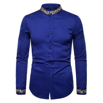 

Metallic Leaf Embroidery Long Sleeve Shirt Button Up Stand Collar Shirt, Blue