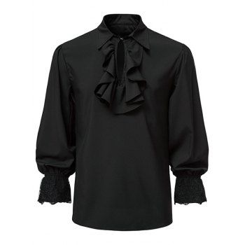 

Vintage Shirt Ruffle Keyhole Flower Embroidery Mesh Poet Sleeve Turn Down Collar Retro Shirt, Black