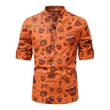 

Allover Printed Shirt Lace Up Stand Collar Roll Up Long Sleeve Shirt, Dark orange