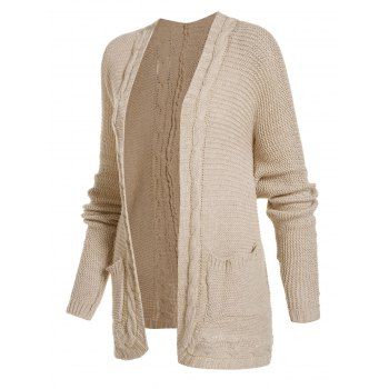 

Patch Pocket Cable Knit Open Cardigan, Light coffee