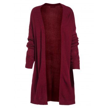 

Open Front Pointelle Knit Long Cardigan, Deep red
