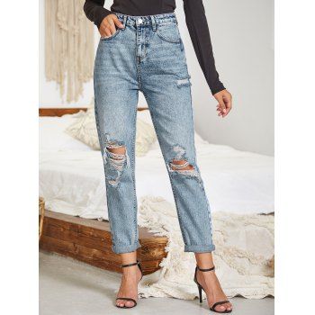 

Distressed Ripped Jeans Zip Fly Destroy Wash Stitching Denim Pants, Light blue