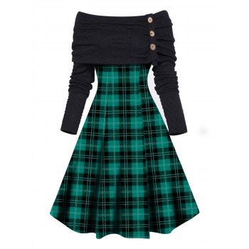 

Plaid Print Panel Dress Foldover Mock Button Off the Shoulder A Line Mini Dress, Deep green
