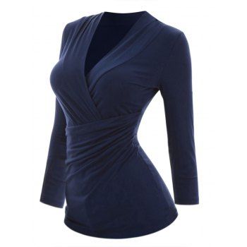 

Ruched Crossover Plunging Neck Top Long Sleeve Solid Color Top, Deep blue