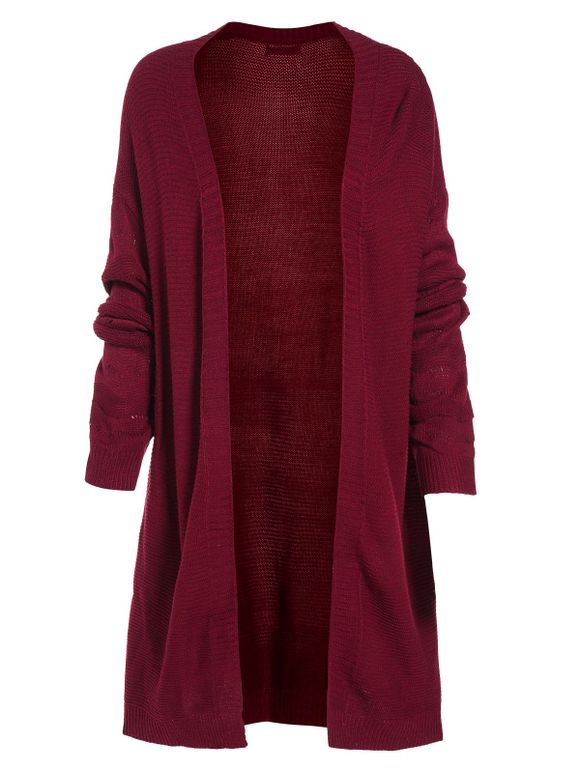 Cardigan Long en Tricot Ouvert en Avant - Rouge foncé L