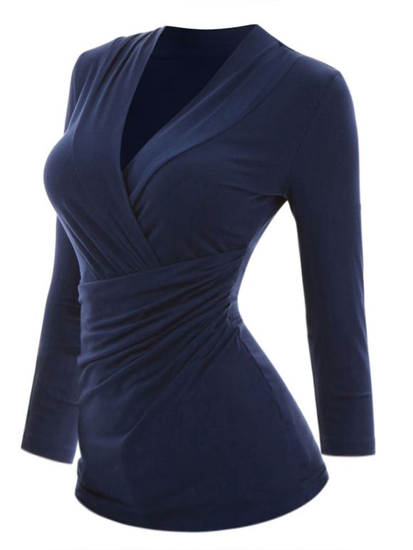 Ruched Crossover Plunging Neck Top Long Sleeve Solid Color Top - DEEP BLUE XXL