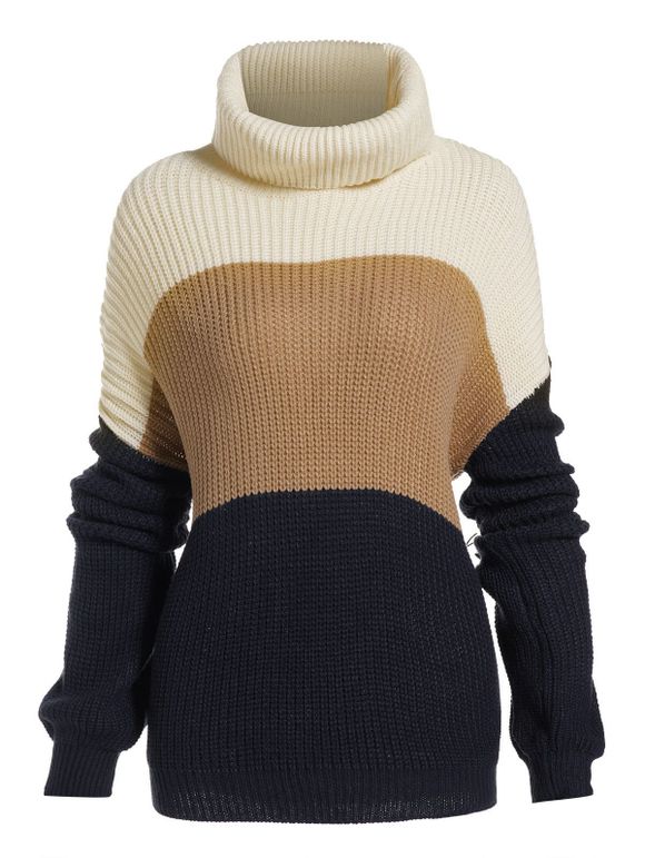 Pull à Goutte Epaule en Blocs de Couleurs à Col Roulé - multicolor L
