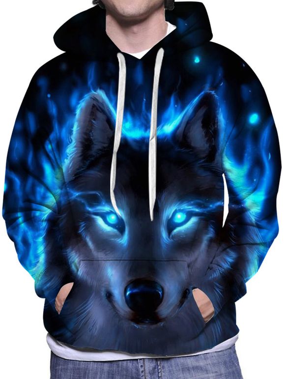 Sweat à Capuche Décontracté à Imprimé Loup Flamme avec Poche Kangourou à Cordon - multicolor M