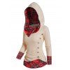 Plaid Print Panel Textured Hooded Top Mock Button Ruched Long Sleeve Top
