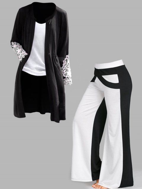 Plus Size Flower Crochet Lace Applique Long Top Basic Adjustable Straps Camisole And High Waist Wide Leg Pants Outfit