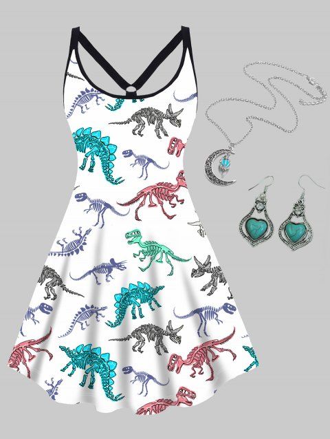 Plus Size Colored Skeleton Dinosaur Print High Waisted A Line Mini Dress And Moon Necklace Earrings Outfit
