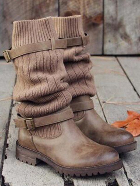 Knitted Chunky Heel Buckle Strap Boots Socks Boots
