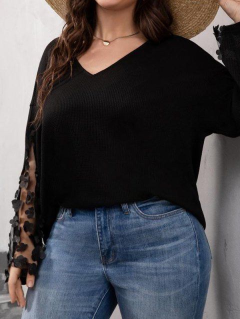 T-shirt Courbe Long Texturé à Goutte Epaule en Tulle Transparent en Couleur Unie Grande Taille