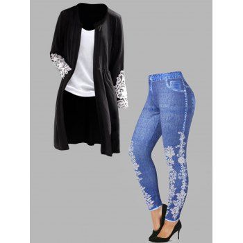 

Plus Size Flower Crochet Lace Applique Long Top Basic Camisole And Flower Faux Denim 3D Print Jeggings Outfit, Multicolor