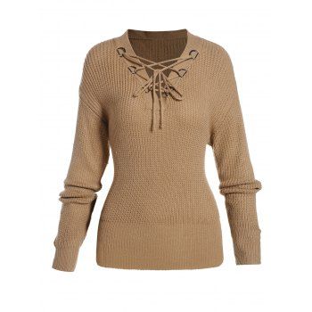 

Drop Shoulder Lace Up Jumper Sweater, Coffee