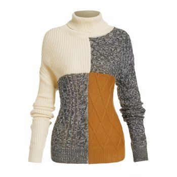 Turtleneck Colorblock Argyle Knit Sweater