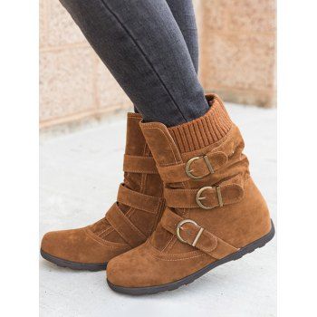 

Plain Color Buckle Strap Zip Flat Platform Textured Boots, Coffee