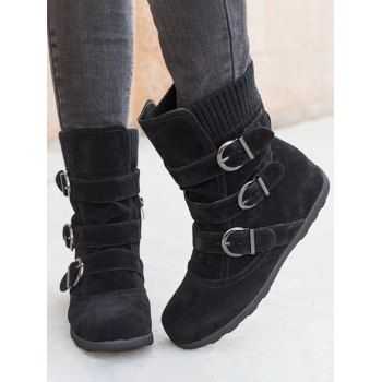 

Plain Color Buckle Strap Zip Flat Platform Textured Boots, Black