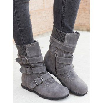 

Plain Color Buckle Strap Zip Flat Platform Textured Boots, Gray