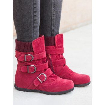 

Plain Color Buckle Strap Zip Flat Platform Textured Boots, Red