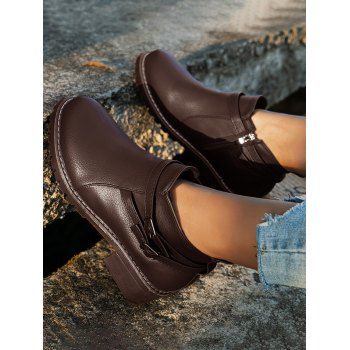 

Zip Up Buckle Strap Plain Color Chunky Heel Ankle Boots, Deep coffee