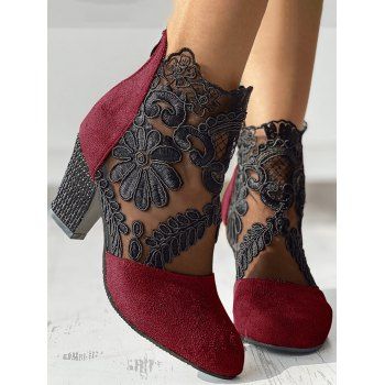 

Flower Leaf Embroidery See Thru Mesh Chunky Heel Zip Up Boots, Red