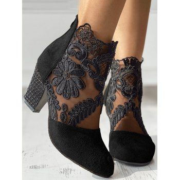 

Flower Leaf Embroidery See Thru Mesh Chunky Heel Zip Up Boots, Black