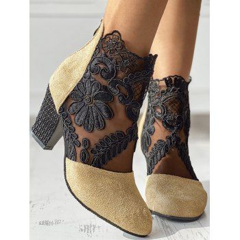 

Flower Leaf Embroidery See Thru Mesh Chunky Heel Zip Up Boots, Light coffee