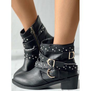 Rivet Buckle Strap Zip Up Chunky Heel Punk Boots