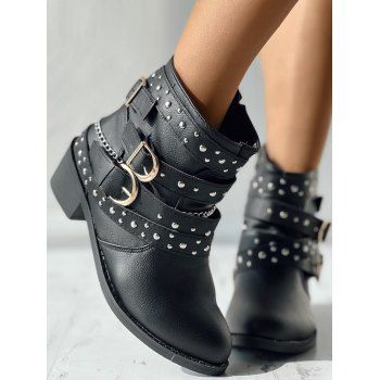 

Rivet Buckle Strap Zip Up Chunky Heel Punk Boots, Black