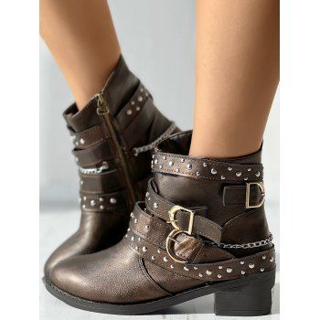 

Rivet Buckle Strap Zip Up Chunky Heel Punk Boots, Light coffee