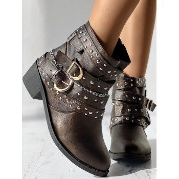 Rivet Buckle Strap Zip Up Chunky Heel Punk Boots 