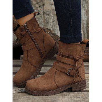 

Zip Up Buckle Strap Lace Up Ankle Boots, Coffee