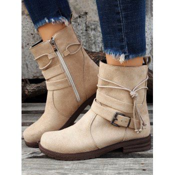 

Zip Up Buckle Strap Lace Up Ankle Boots, Light coffee