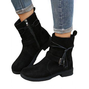 

Zip Up Buckle Strap Lace Up Ankle Boots, Black