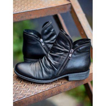 

Zip Up PU Round Toe Casual Boots, Black