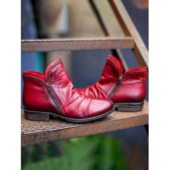 

Zip Up PU Round Toe Casual Boots, Deep red