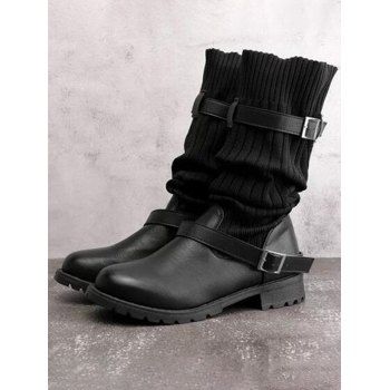 

Knitted Chunky Heel Buckle Strap Boots Socks Boots, Black