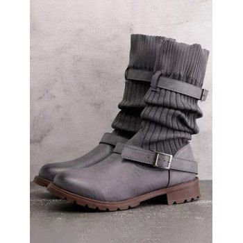 

Knitted Chunky Heel Buckle Strap Boots Socks Boots, Gray