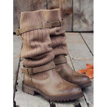 

Knitted Chunky Heel Buckle Strap Boots Socks Boots, Coffee