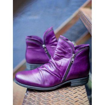 

Zip Up PU Round Toe Casual Boots, Purple