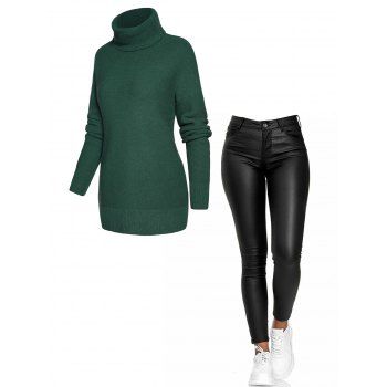 

Drop Shoulder Ribbed Hem Pullover Turtleneck Sweater And Zipper Fly Pockets Long PU Pants Casual Outfit, Deep green